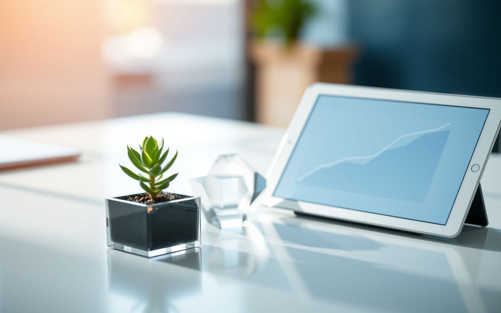 Modern desk with plant, crystal, and tablet showing upward graph representing key metrics venture capitalists look for.