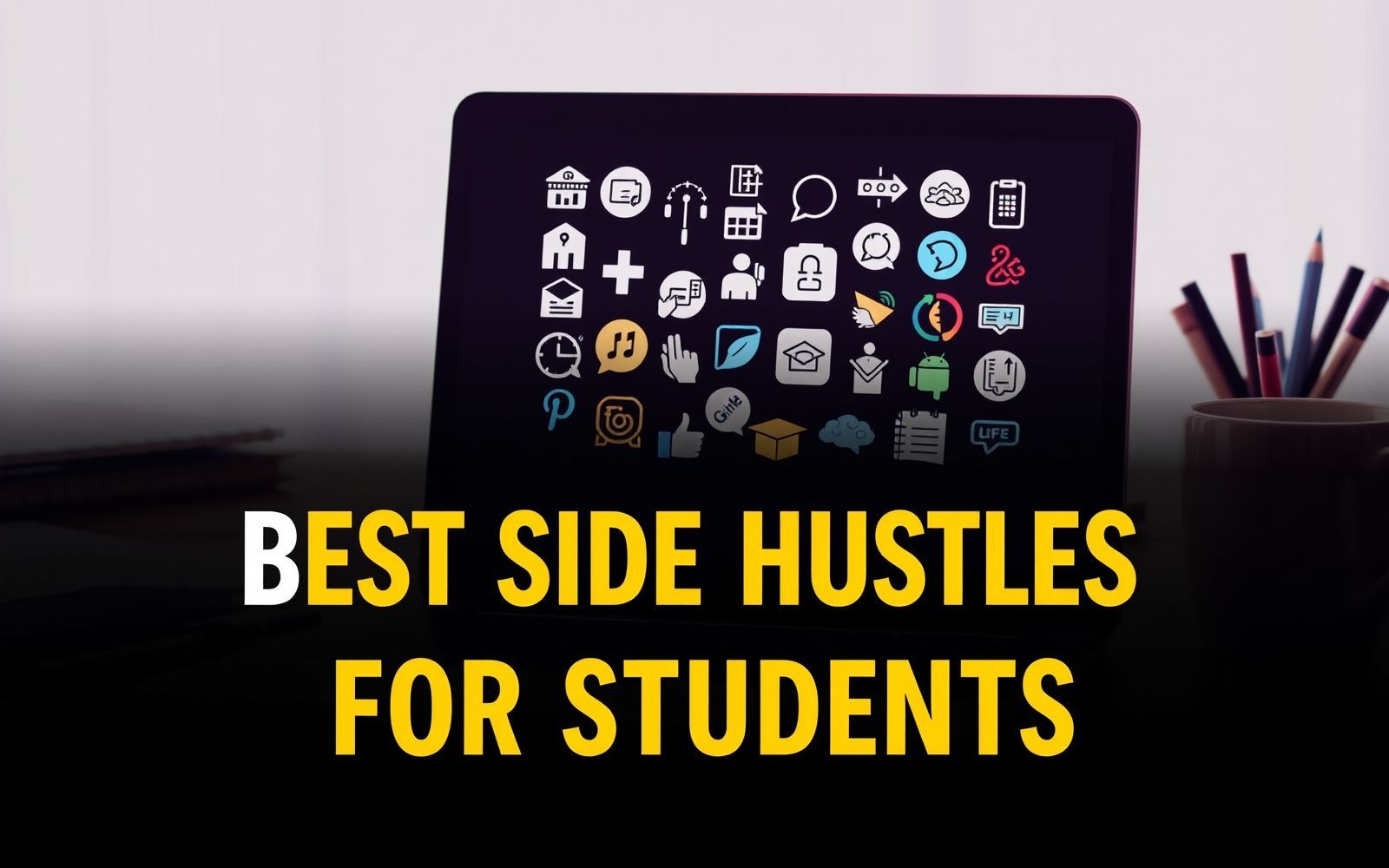 Student laptop displaying side hustle icons - best side hustles for students