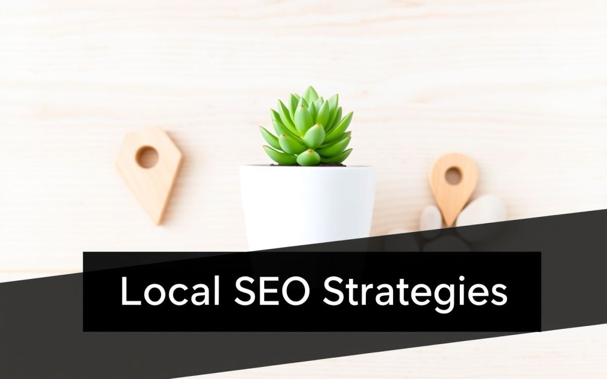 Bright, soft-focus image symbolizing local SEO strategies with a succulent, map pin, and pebbles on a light wood background.