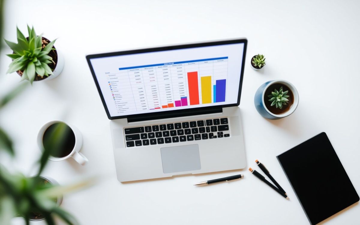Overhead view of a desk planning how to create a marketing budget for a small business with laptop and coffee.