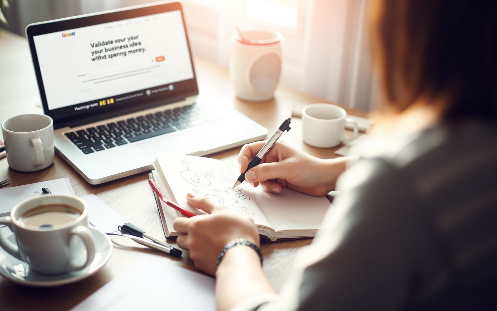 Entrepreneur validating business idea with notebook and laptop