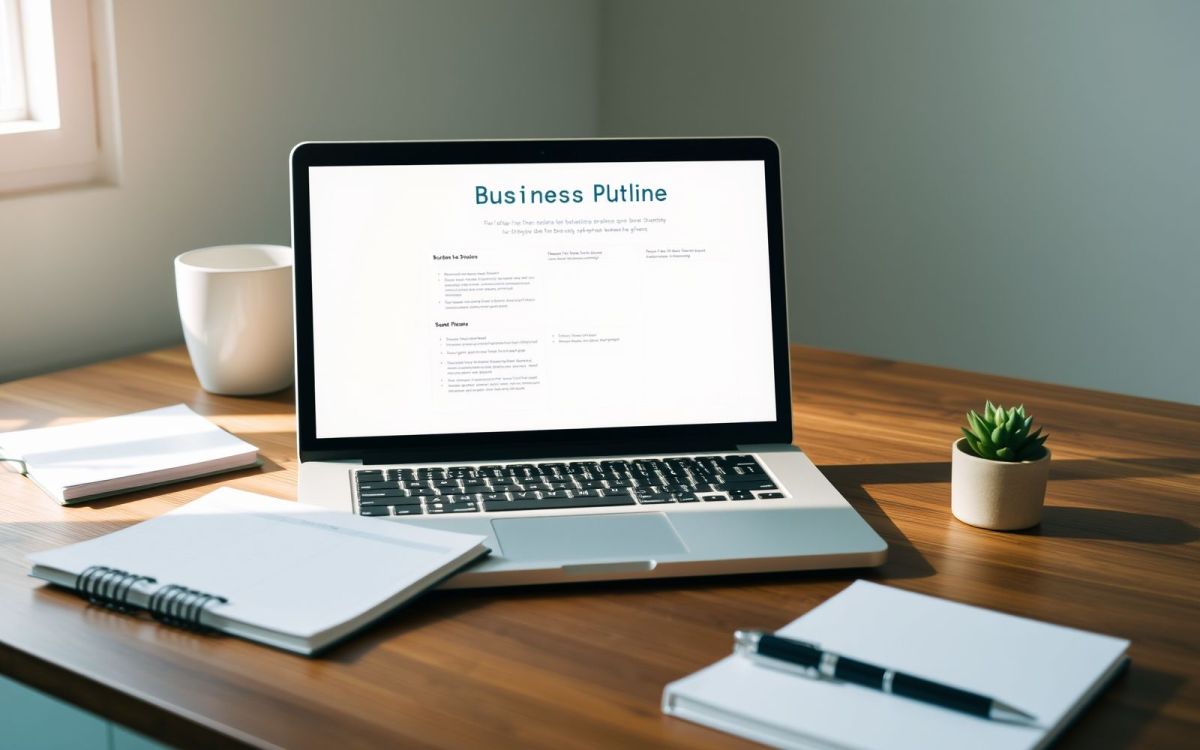 Business plan creation process with laptop and notebook