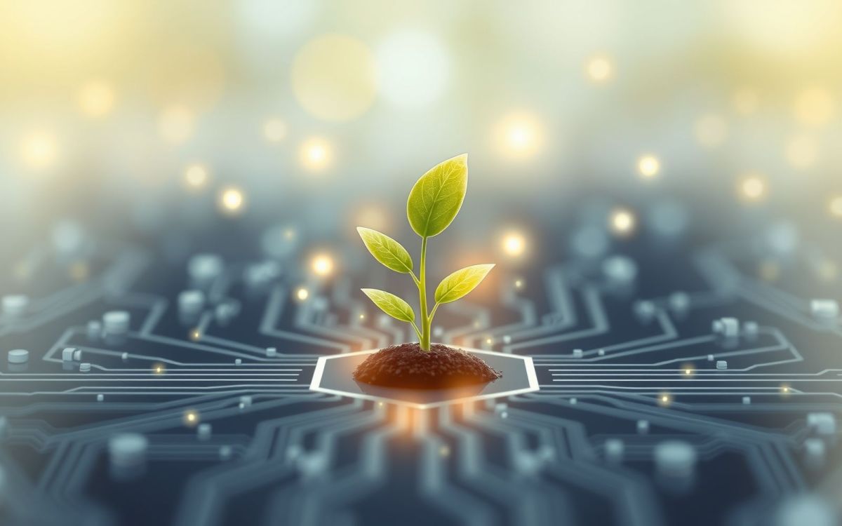 Abstract representation of finding angel investors for tech startups showing a glowing seedling growing from circuits.