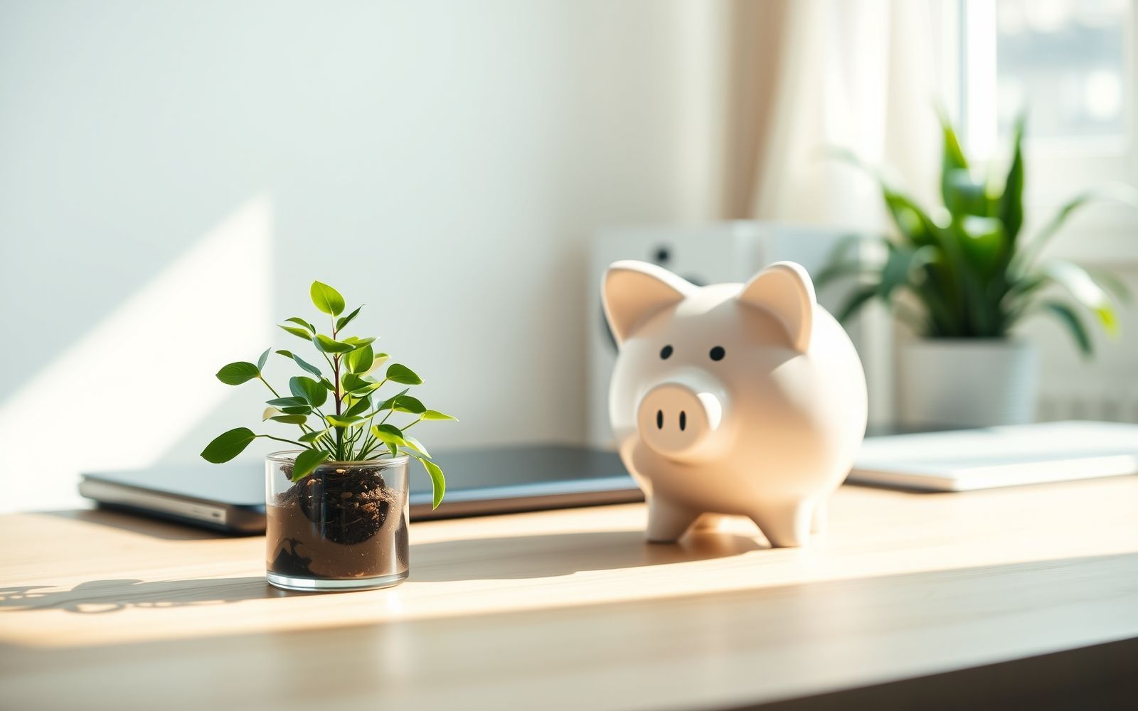 Piggy bank and plant on sunlit desk symbolizing growth for early retirement planning strategies.