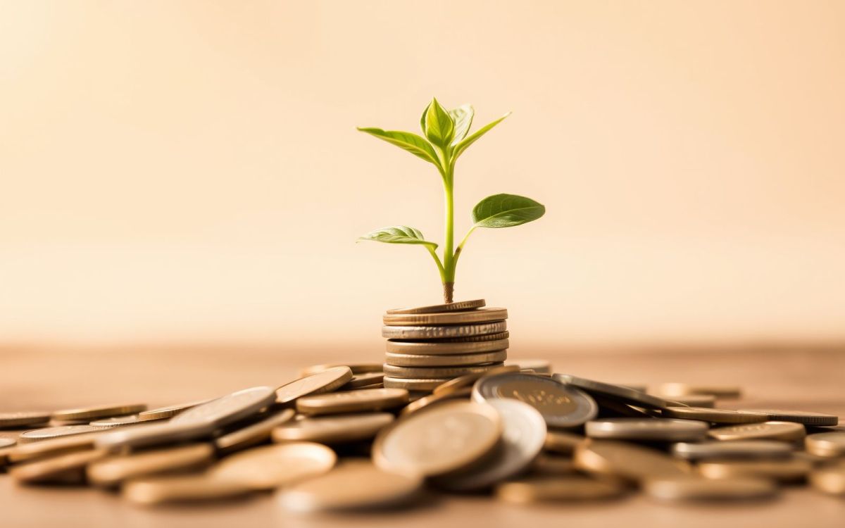 Investing with no money: A small plant growing from coins representing financial growth.