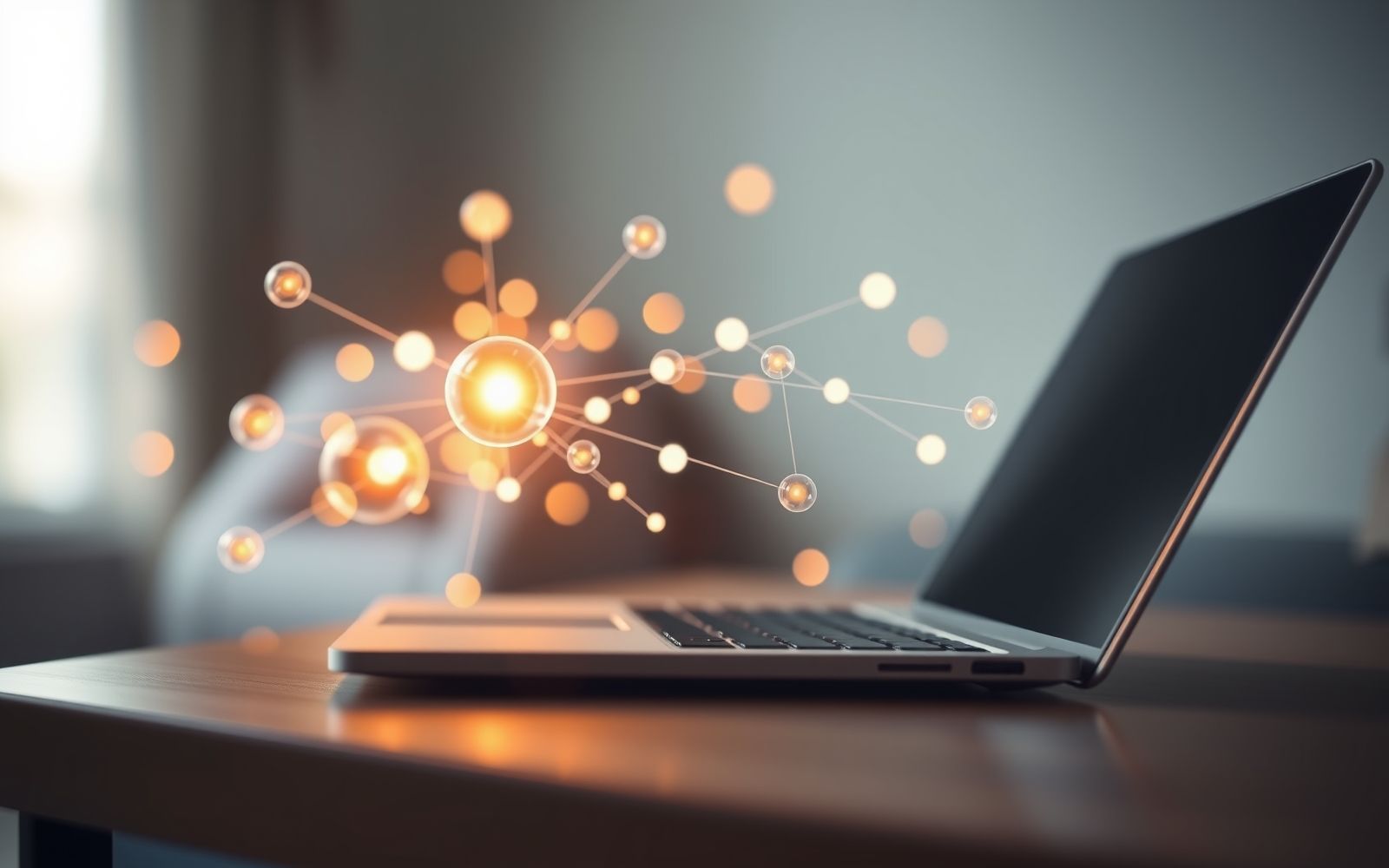 Abstract glowing orbs representing creative ways to earn passive income online converging on a laptop.