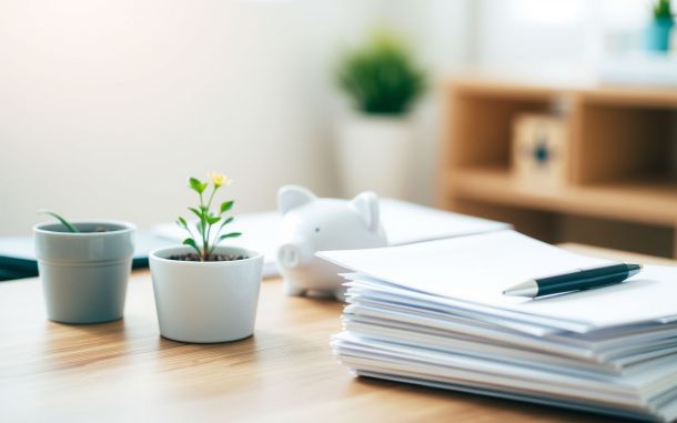 Desktop items like a plant, piggy bank, and papers representing how social security benefits are calculated for retirement.