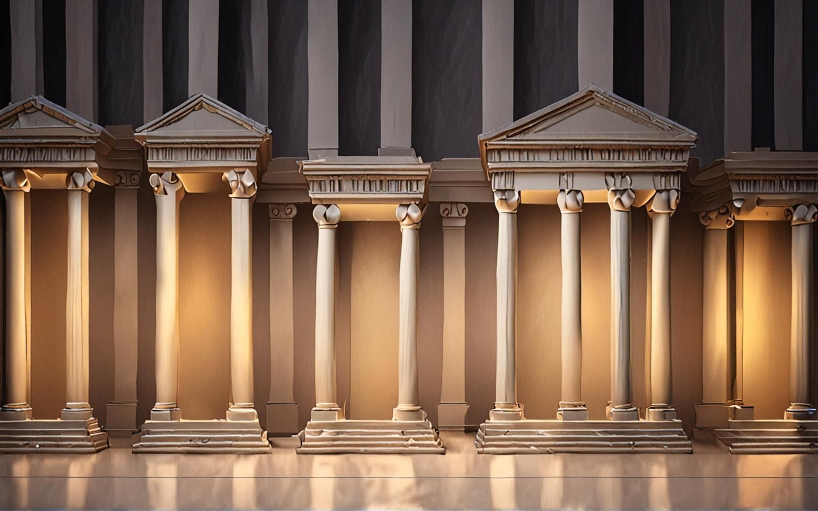 Abstract image comparing pros and cons of online banks vs traditional banks with blended digital graph and classic pillar.