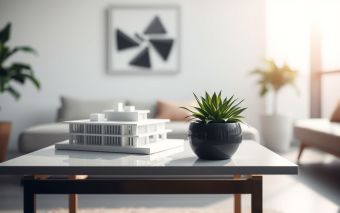 Real estate investing for beginners: Modern interior with architectural models and a plant.