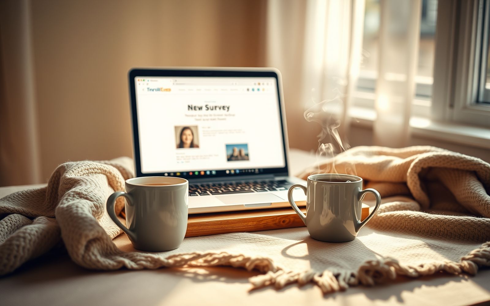 Woman working from home, completing online surveys for money.