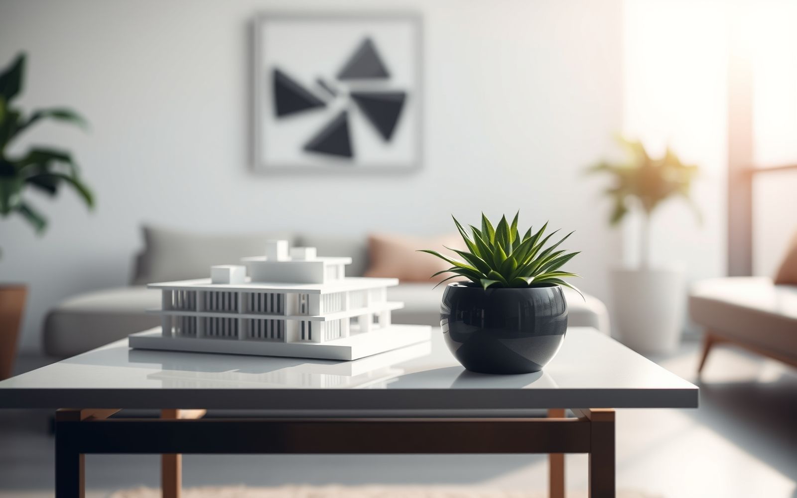 Real estate investing for beginners: Modern interior with architectural models and a plant.