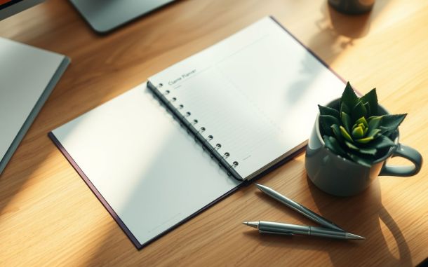 Steps to create a comprehensive financial plan visualized by an organized desk with a planner and plant.