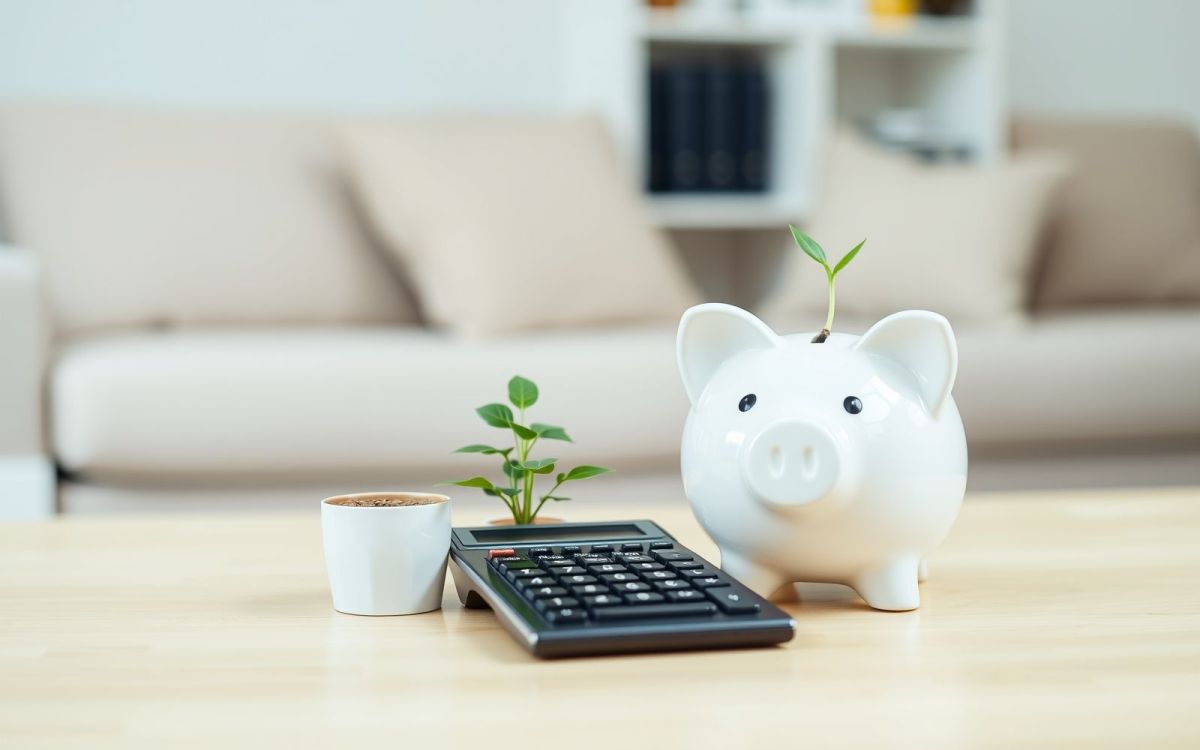 Piggy bank, calculator, and plant representing the FIRE movement financial independence retire early explained concept.