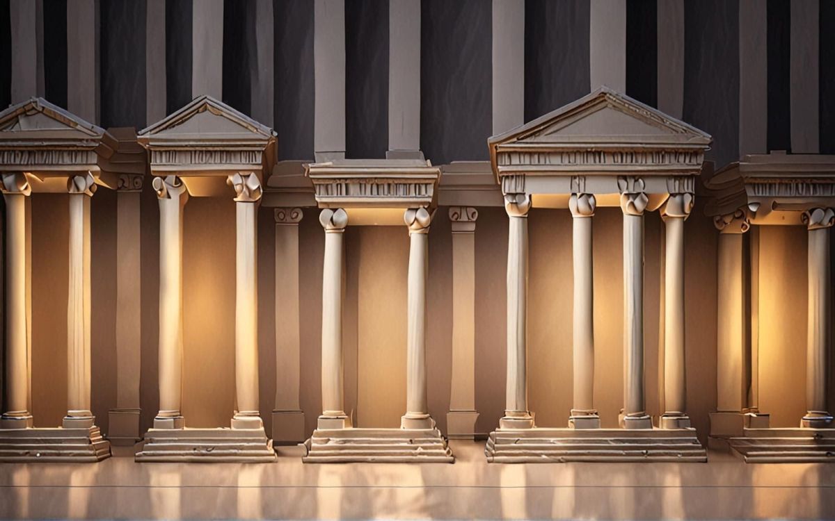 Abstract image comparing pros and cons of online banks vs traditional banks with blended digital graph and classic pillar.