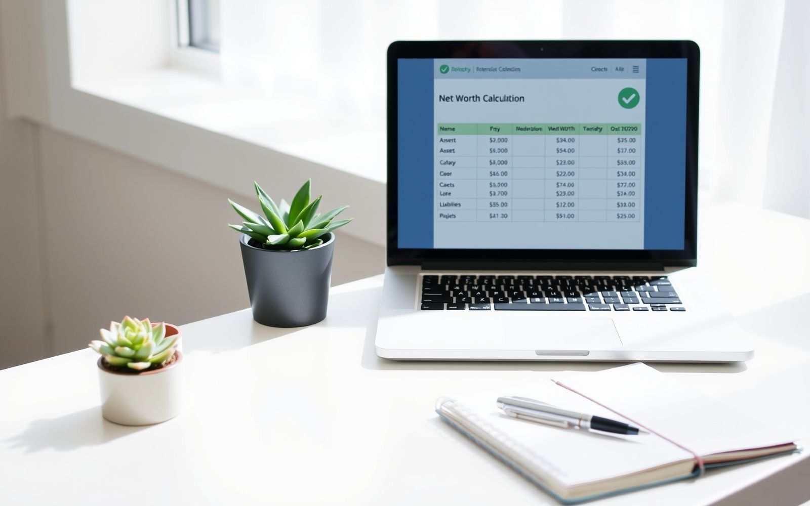 Calculating net worth accurately with a financial spreadsheet and healthy succulent.