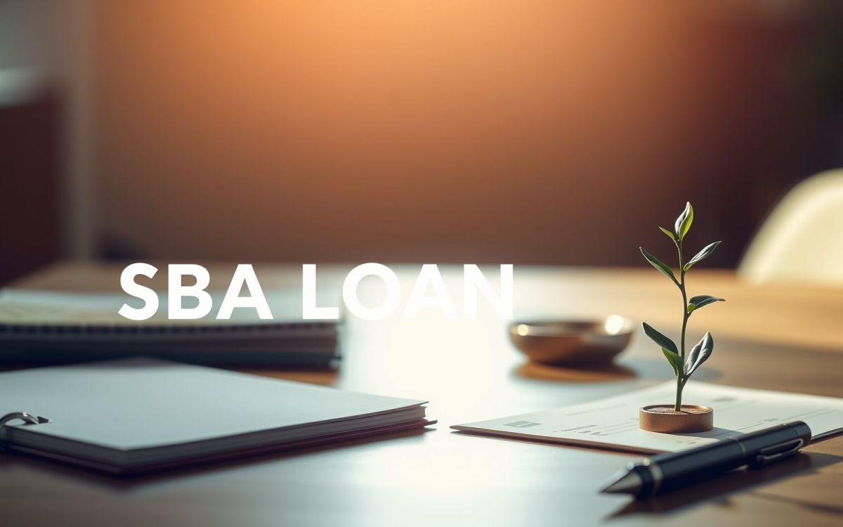 SBA loan approval: Workspace with notebook and plant symbolizing business growth.