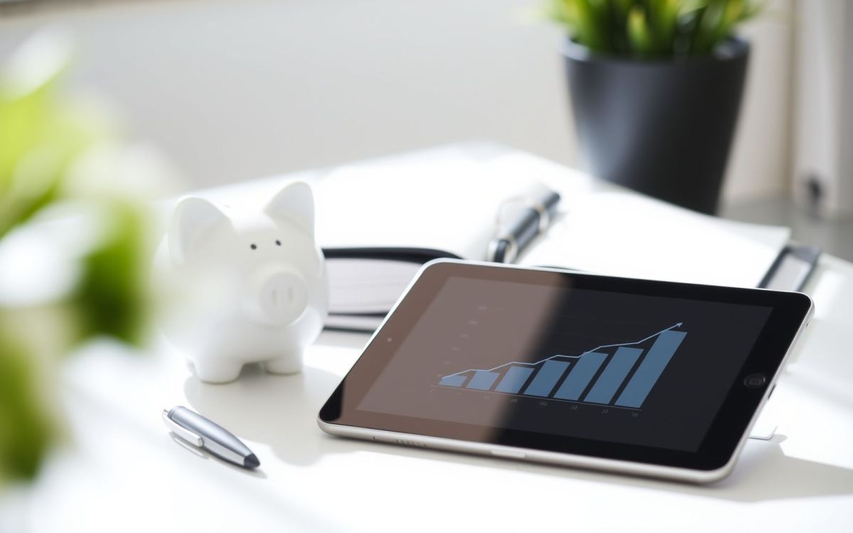 Upward graph on tablet and piggy bank on bright desk symbolizing negotiating salary increase during performance review.