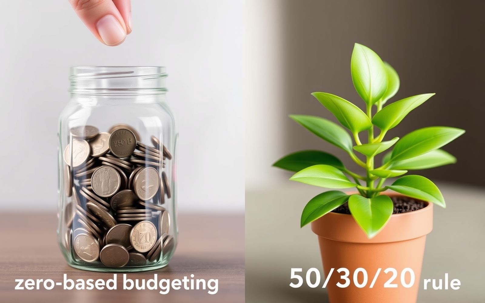 Comparison of zero-based budgeting (jar of coins) and 50/30/20 rule (segmented plant pot) for financial planning.