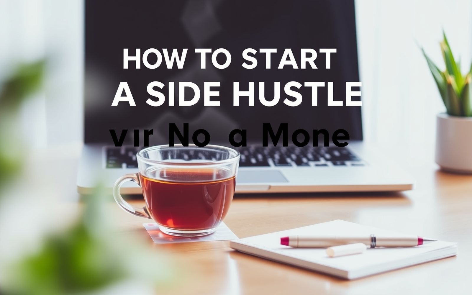 Side hustle with no money: laptop, notebook, and tea representing creative income generation.
