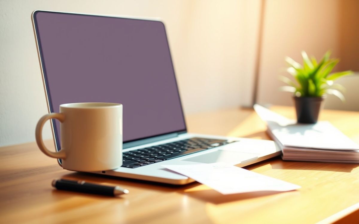 Laptop, mug, plant, and receipts on desk representing tax implications of side hustle income.