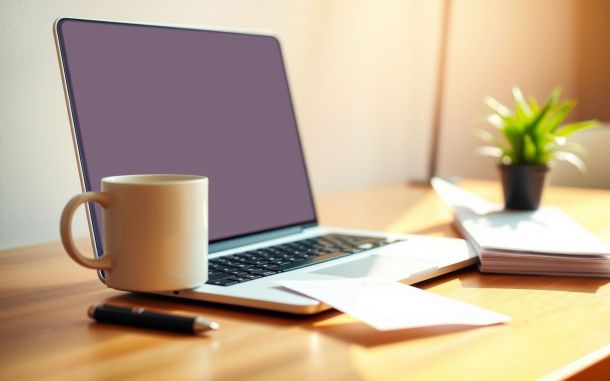 Laptop, mug, plant, and receipts on desk representing tax implications of side hustle income.