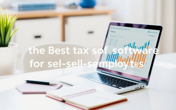 Self-employed individual's home office with laptop and financial planning tools for tax season.