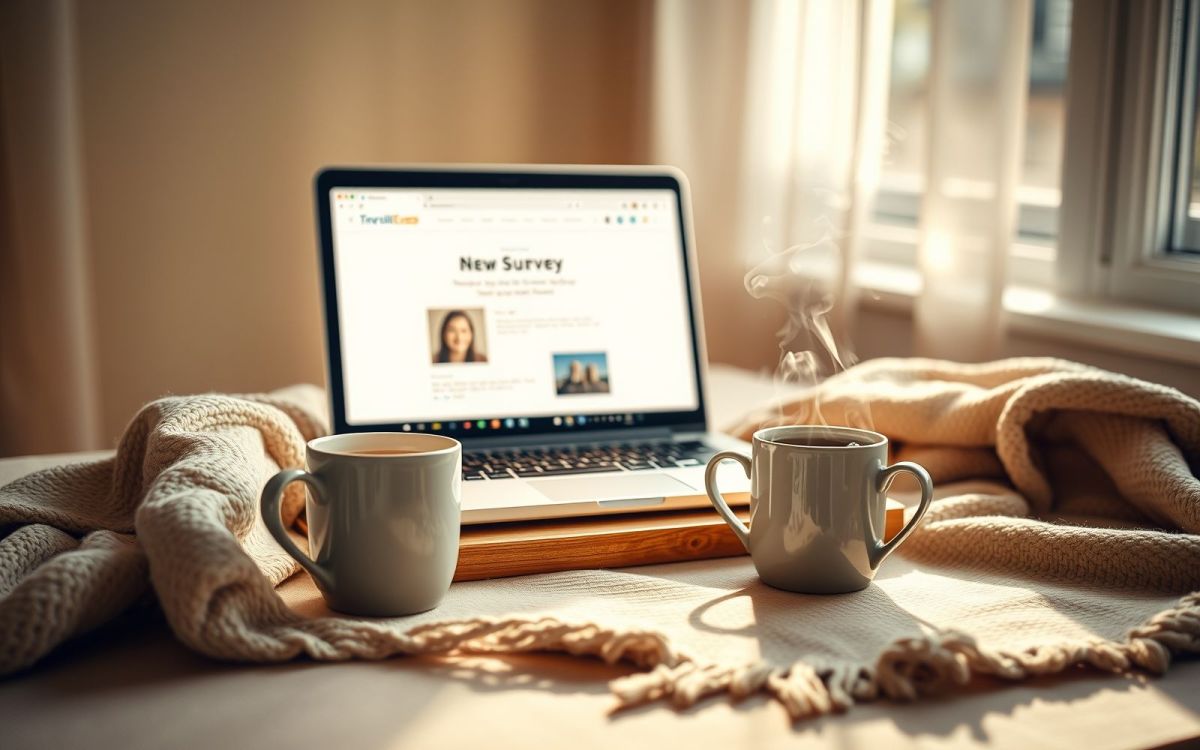 Woman working from home, completing online surveys for money.