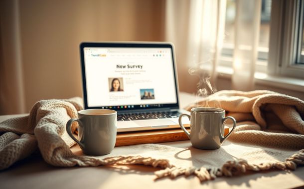 Woman working from home, completing online surveys for money.