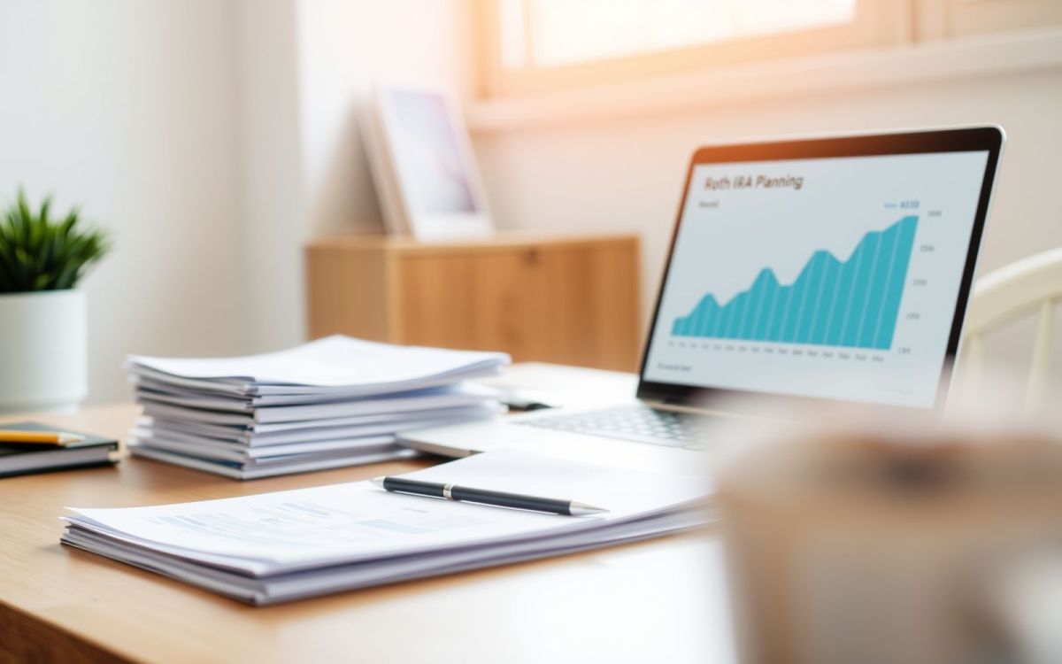 Financial planner's desk with Roth IRA growth chart and documents, backdoor Roth IRA contribution rules