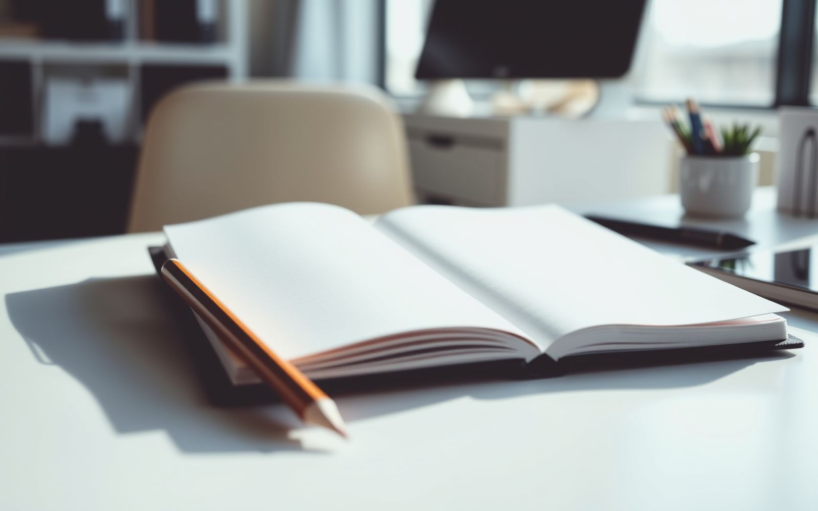 Startup pitch deck creation process represented by a notebook and pencil.