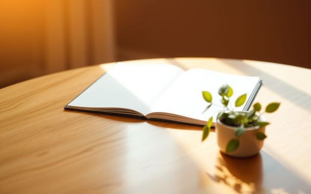 Pitch deck story concept: notebook and plant symbolizing startup growth