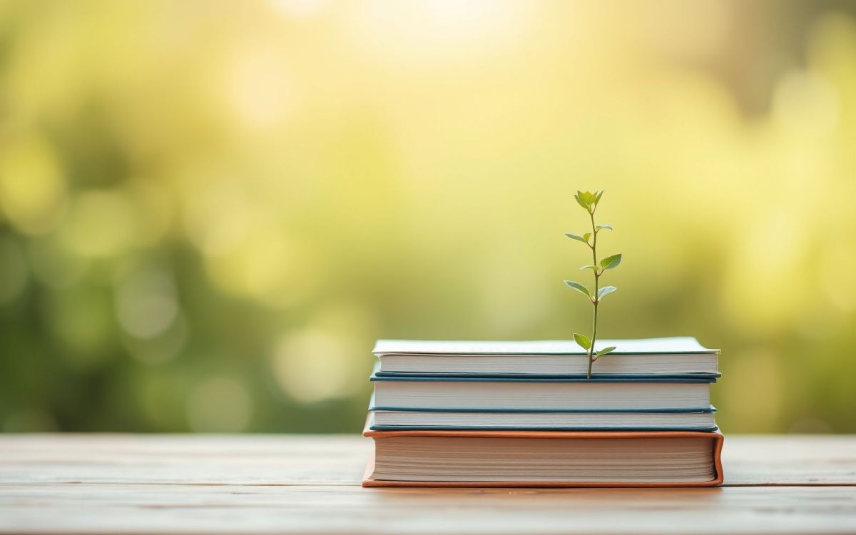 Retirement savings concepts with books, plant, and peaceful background.
