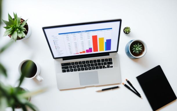 Overhead view of a desk planning how to create a marketing budget for a small business with laptop and coffee.