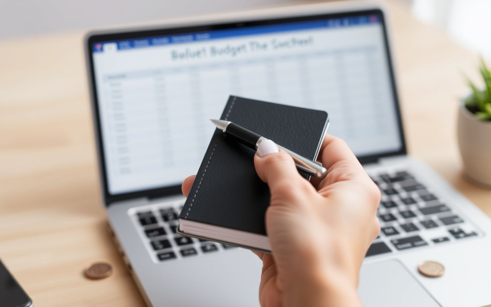 Expense tracking for budgeting success with notebook, pen, and laptop.