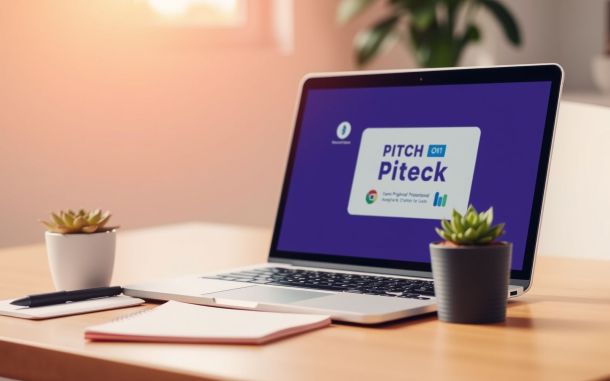 Pitch deck presentation on a laptop representing startup funding for investors.