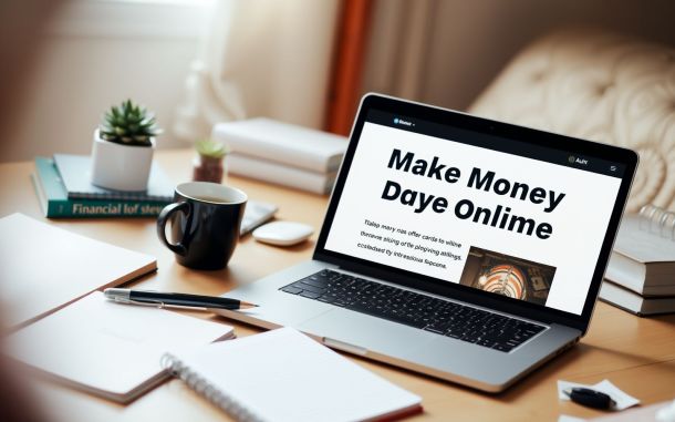 Blogging for beginners workspace, laptop displaying money making blog post