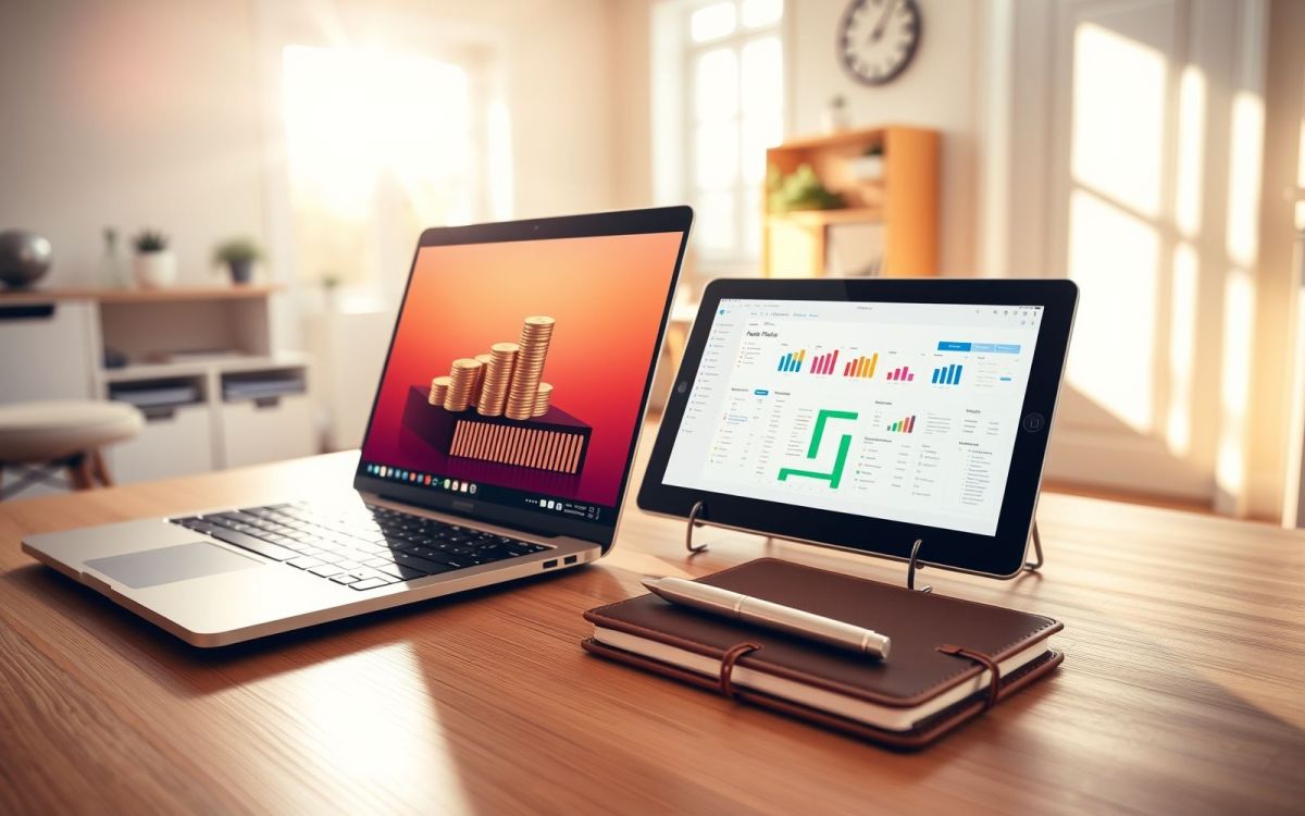 Workspace with laptop and tablet showing online money-making opportunities