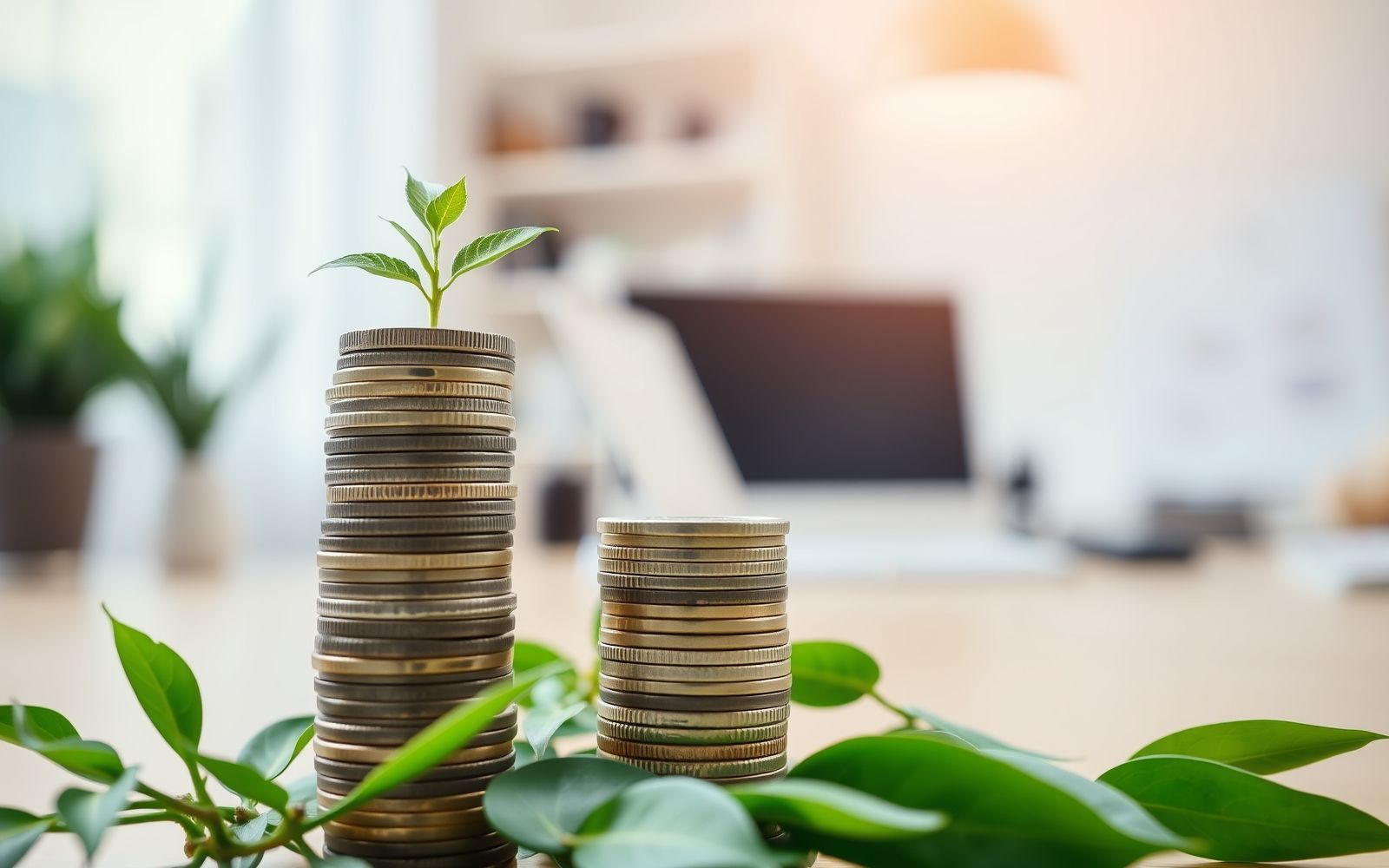 Coins on a plant, representing financial growth and resilience against inflation.