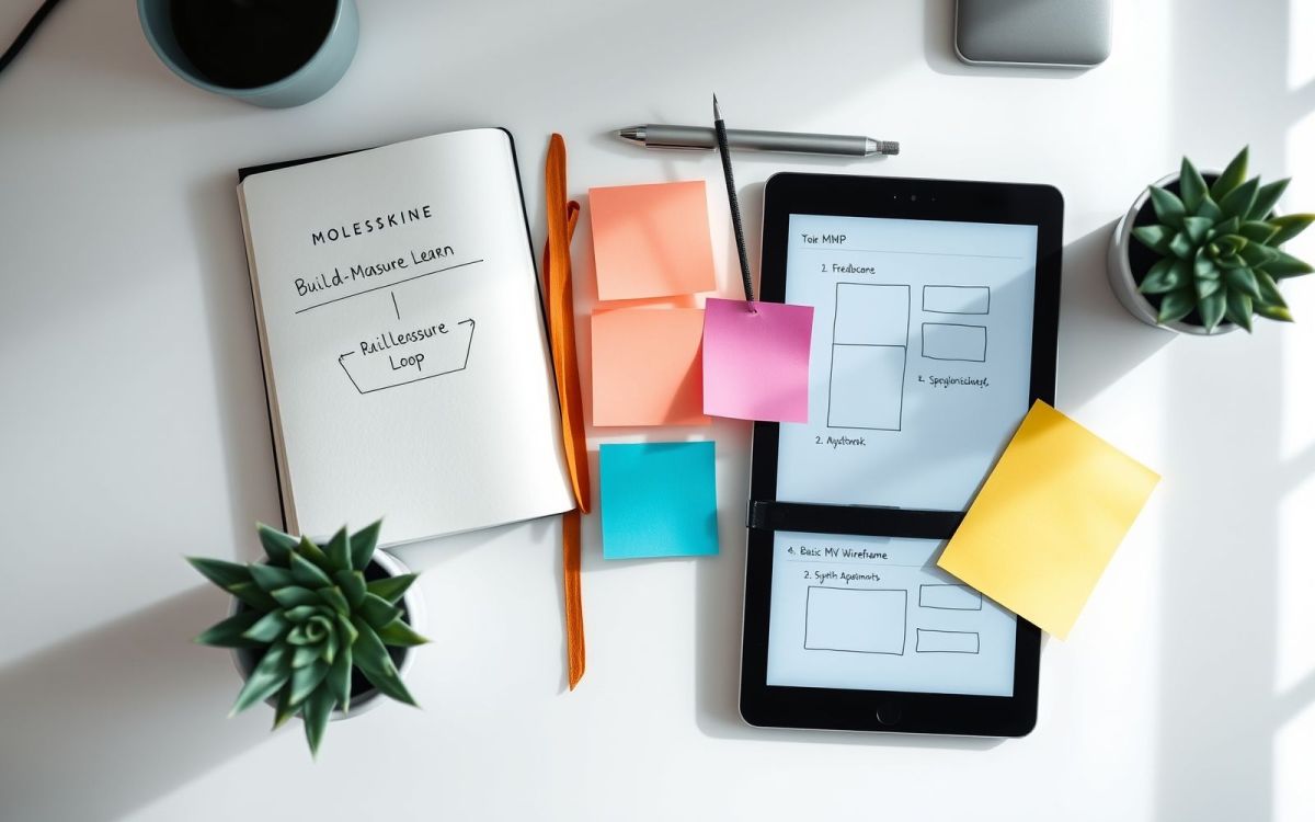 Workspace illustrating the lean startup methodology explained with examples, showing a flowchart, sticky notes, and tablet wireframe.