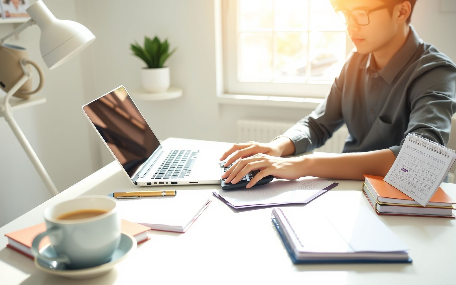 Young adult creating a 5-year financial plan with tools and documents