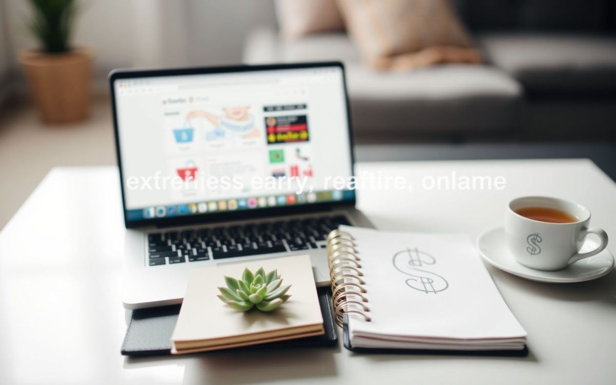 Side hustle workspace with laptop, notebook, and plant – perfect for earning extra income.