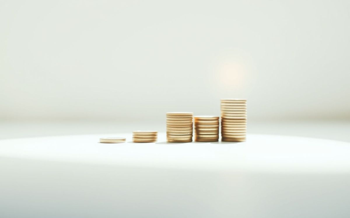 Abstract image illustrating the dollar cost averaging strategy with glowing coins forming an upward trend line.