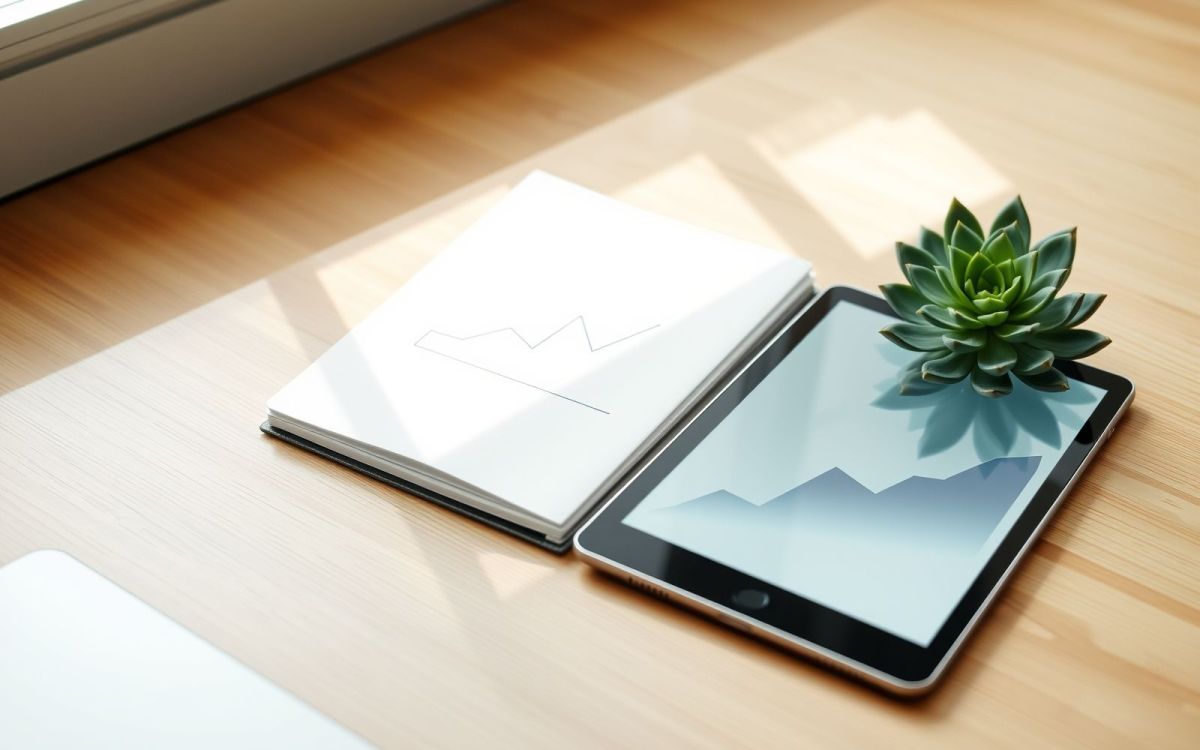 Beginner's guide to reading stock charts visualized with notebook and tablet showing abstract graphs on a bright desk.