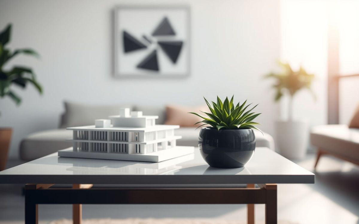 Real estate investing for beginners: Modern interior with architectural models and a plant.