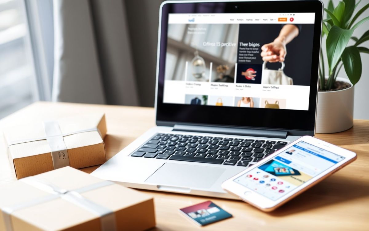 Online store setup for small businesses: laptop displaying e-commerce website with shipping box and credit card.