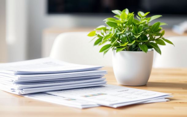 Choosing a mortgage lender: financial documents and a plant representing growth.