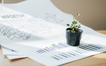 Real estate investment strategies concept with blueprints, charts, and a plant.