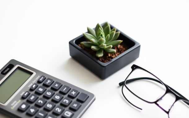Organized desk symbolizing avoiding common tax filing mistakes with calculator and plant.