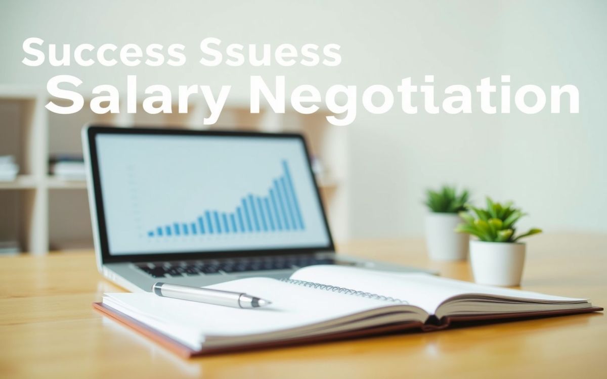 Salary negotiation success: laptop, notebook, and plant symbolizing career advancement.