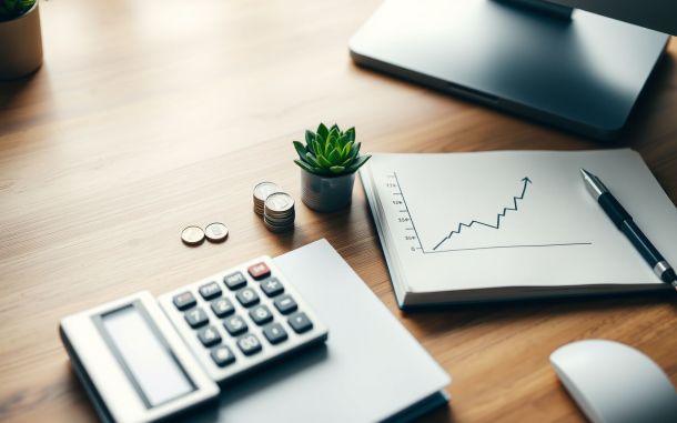 Desk with calculator, coins, and notebook graph symbolizing cash flow forecasting techniques for small business.